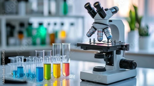Laboratory microscope with colorful test tubes in focus