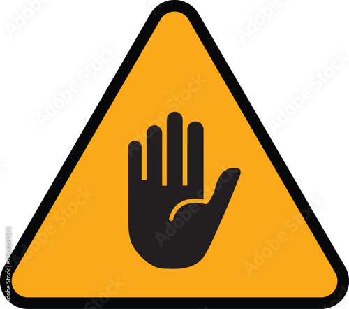 Stop hand signal is depicted inside a yellow triangular warning sign with a black border, representing a clear message to halt or cease any further action 