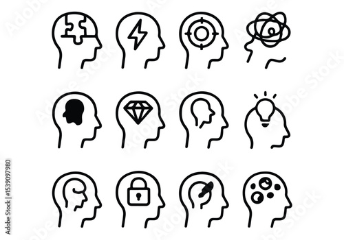Linear Head Icons Showing Emotional and Mental States.
