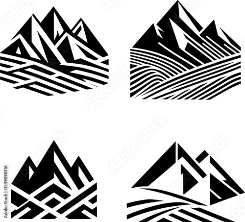 set of minimal black and white mountain vector with sharp lines, perfect for logos and outdoor brands.
