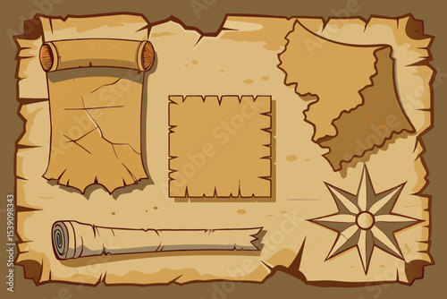 Old Paper Map Elements with Ripped Edges Scroll and Compass for Treasure Hunt or Adventure Game Design