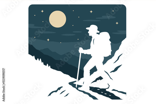 A hiker's silhouette on a mountain trail under the night sky illuminated by the moon, for outdoor adventure vector