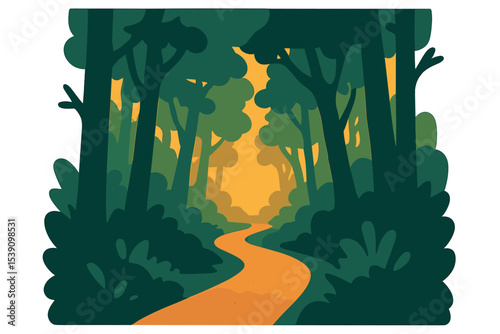 A warm glow in the distance is visible from a path that leads through a forest
