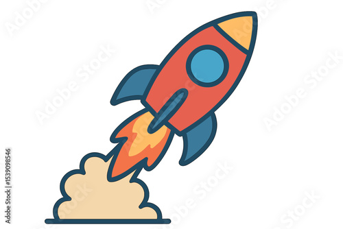 A bright cartoon rocket soars into the cosmos, emitting a stream of fire and smoke as it goes