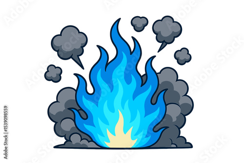 Vector cartoon illustration of 2D game VFX elements, including comic effects with fire and smoke from bomb blasts, magic spells, and explosions, with bursts of blue flame and smoke isolated on the
