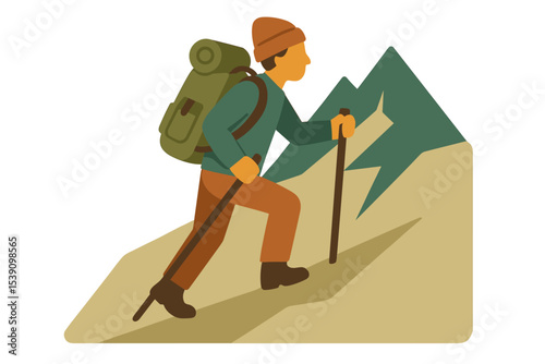 A flat design vector depicts a hiker ascending a mountain trail while carrying gear and wearing a backpack