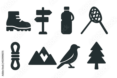 Outdoor enthusiasts can utilize solid icons in silhouette style, which include representations of hiking, camping, and nature, such as a hiking boot, trail sign, water bottle, net, climbing rope
