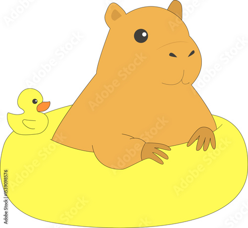Capybara cartoon in inflatable swim ring with rubber duck
