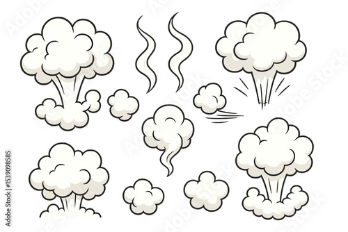 The set of comic boom steaming effect icons includes cartoon smoke clouds, white aroma steam, toxic steaming vapour, dust elements, explosion smoky elements, flow mist, and chemical steam