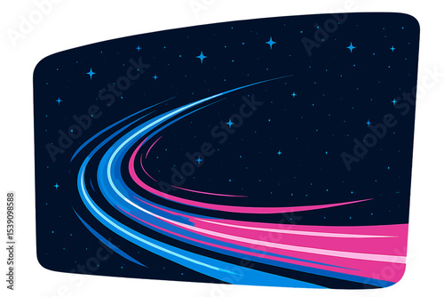 A star-filled sky serves as the setting for neon blue and pink light trails that curve and flow, creating a fast-paced, vibrant display with a cosmic and futuristic feel