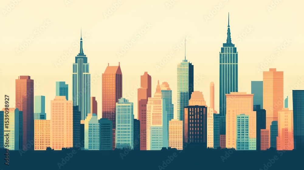 Fototapeta premium City skyline, pastel hues, flat style