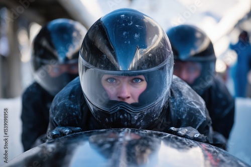 Woman prepares to start a bobsled run in a winter sports competition in a snowy location