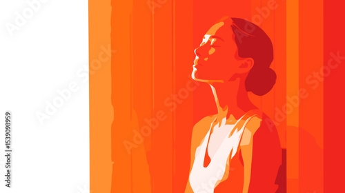 Woman in red sunlight with closed eyes feeling warmth and energy in morning light healthy lifestyle