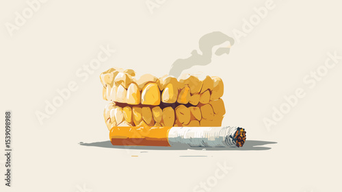 Set of yellow dentures with smoking cigarette symbolizing oral health damage healthy lifestyle