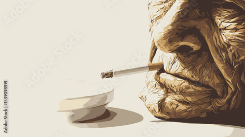 Close-up of elderly man with cigarette and ashtray showing effects of smoking on aging healthy lifestyle