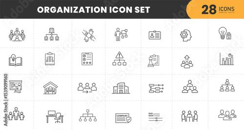  Organization management set of web icons in line style. Human resource linear icon collection. Containing business people, teamwork, structure, hierarchy, leadership and more. Editable stroke