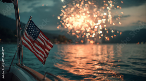 Fototapeta Naklejka Na Ścianę i Meble -  American flag waving from a boat on a lake as fireworks explode overhead.