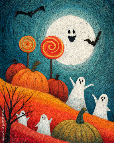 A full moon holding a lollipop and smiling down at a field of laughing pumpkins