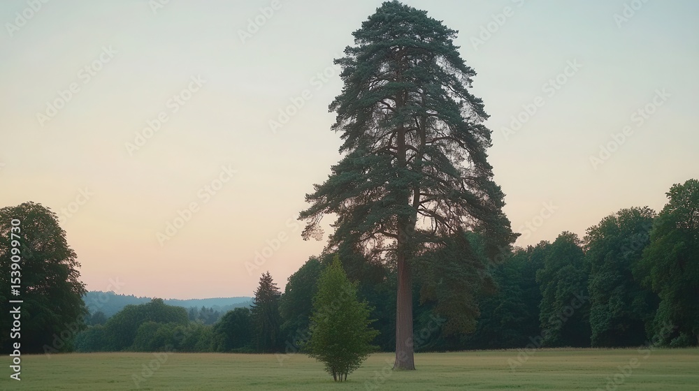 Obraz premium Majestic Pine Tree Standing Alone in Serene Landscape at Dusk
