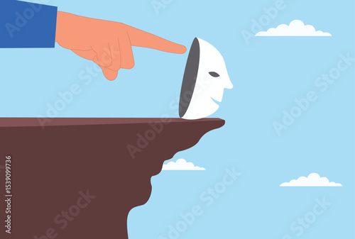 Vector illustration of a giant hand pushing a scam mask down a steep hill, symbolizing the fight against fraud, exposing deception, and driving dishonesty out of business