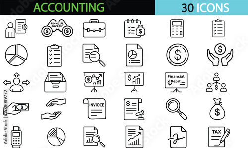 Accounting set of web icons in line style. for web and mobile apps. Containing finance report and audit, invoice, tax return, accounting, auditing, inspection, and vector illustration