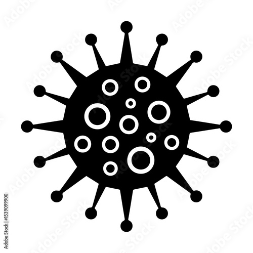 Black and white vector illustration of a coronavirus particle with spike proteins and the word "CORONAVIRUS" in the center, symbolizing viral infection, pandemic, and medical or public health concepts