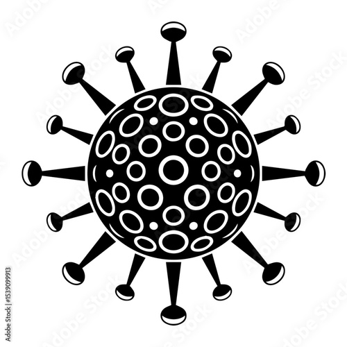 Black and white vector illustration of a coronavirus particle with spike proteins and the word "CORONAVIRUS" in the center, symbolizing viral infection, pandemic, and medical or public health concepts