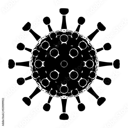 Black and white vector illustration of a coronavirus particle with spike proteins and the word "CORONAVIRUS" in the center, symbolizing viral infection, pandemic, and medical or public health concepts