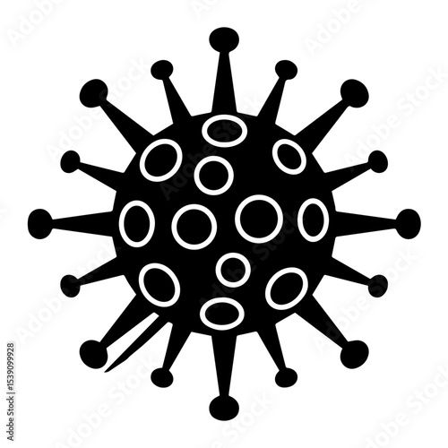 Black and white vector illustration of a coronavirus particle with spike proteins and the word "CORONAVIRUS" in the center, symbolizing viral infection, pandemic, and medical or public health concepts