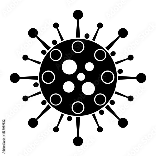 Black and white vector illustration of a coronavirus particle with spike proteins and the word "CORONAVIRUS" in the center, symbolizing viral infection, pandemic, and medical or public health concepts
