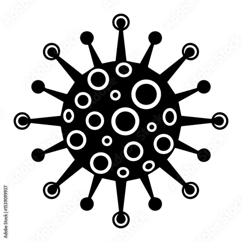 Black and white vector illustration of a coronavirus particle with spike proteins and the word "CORONAVIRUS" in the center, symbolizing viral infection, pandemic, and medical or public health concepts