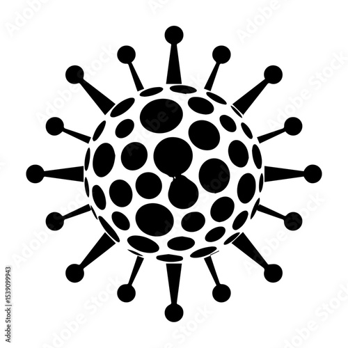 Black and white vector illustration of a coronavirus particle with spike proteins and the word "CORONAVIRUS" in the center, symbolizing viral infection, pandemic, and medical or public health concepts