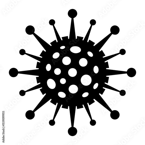 Black and white vector illustration of a coronavirus particle with spike proteins and the word "CORONAVIRUS" in the center, symbolizing viral infection, pandemic, and medical or public health concepts