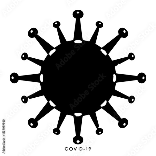 Black and white vector illustration of a coronavirus particle with spike proteins and the word "CORONAVIRUS" in the center, symbolizing viral infection, pandemic, and medical or public health concepts