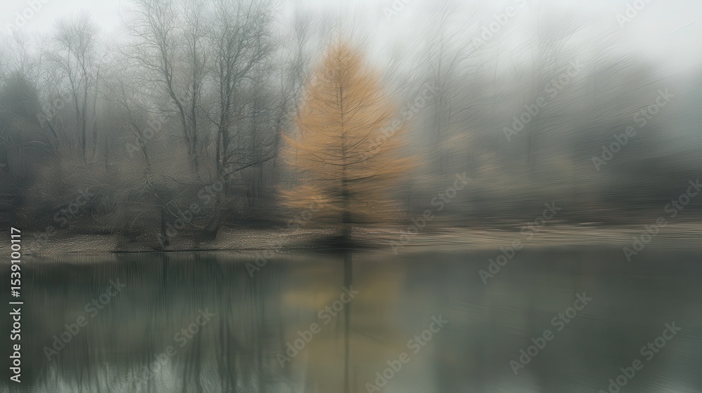 Fototapeta premium Misty Autumn Landscape with Yellow Tree by the Calm Lake