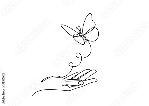 One continuous line drawing of hand holding butterfly. Beautiful flying moth for wellbeing beauty or spa salon logo in simple linear style. Hand drawn one line vector. Editable stroke	