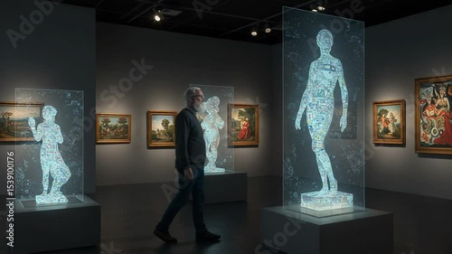 Man observing illuminated sculptures in art gallery