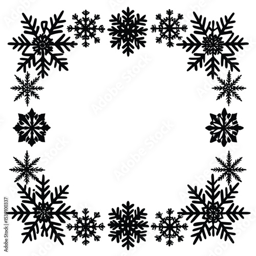 Elegant black and white snowflake frame border decorative design element for holiday season