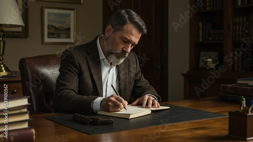 Man writing in a study, surrounded by books and art