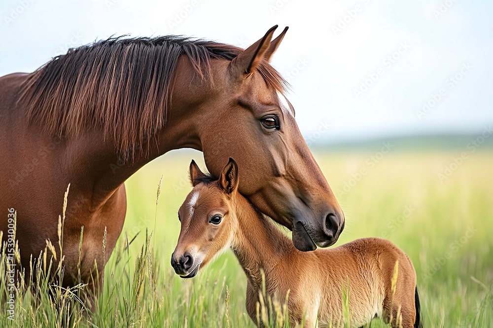 Fototapeta premium Extreme Close-Up of Brown Horse Touching Noses with Baby Foal on Grassy Plains from Behind