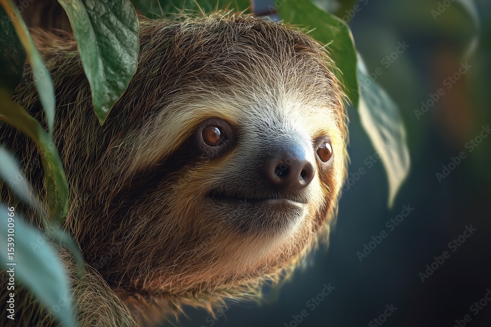 Fototapeta premium Sloth leisurely hanging from a tree branch amidst lush green leaves in its natural habitat