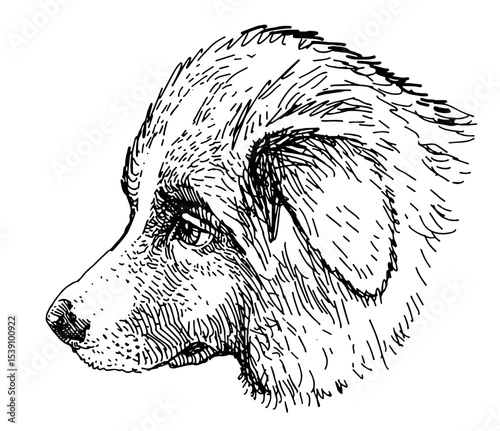 Sketch of cute border collie puppy head, animal portrait, purebred dog, realistic hand drawn vector illustration