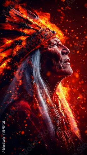 Fiery Native American elder, profile, sparks, background, spiritual