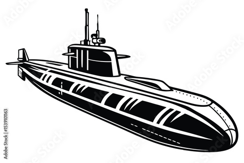 Monochrome Submarine Illustration Detailed Black and White Naval Vessel Graphic Design Submersible Boat Military Technology Underwater Transport