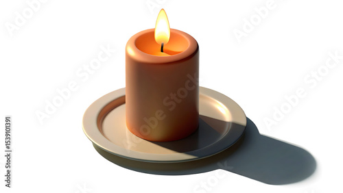 A single, warm-toned candle on a saucer, perfect for home decor.