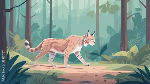 Lynx walking through a forest path surrounded by greenery, wildlife in natural habitat