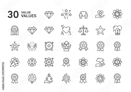30 Value Icons - Minimalist Outline Symbols for Business Goals, Ethics and Corporate Responsibility