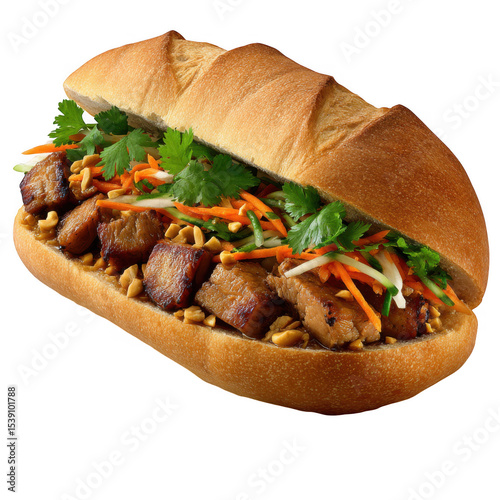Banh mi sandwich with pork on transparent background