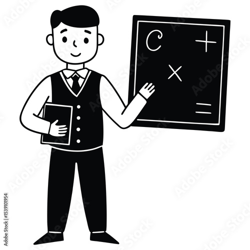 Cartoon illustration of a teacher presenting math equations on a blackboard