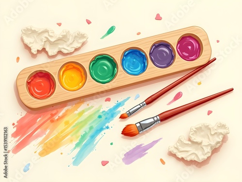 Watercolor palette paintbrush colorful strokes artistic composition